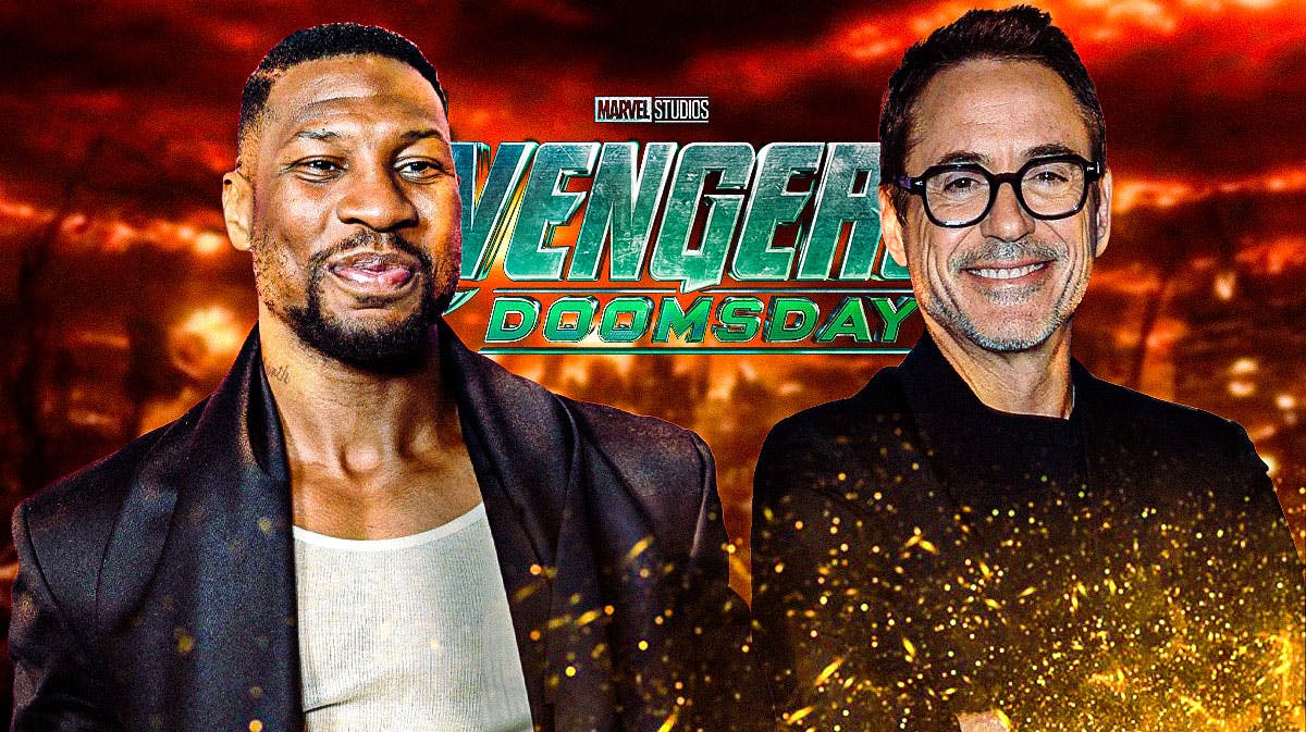 Jonathan Majors next to Robert Downey Jr with Marvel Cinematic Universe (MCU) logo for Avengers: Doomsday.