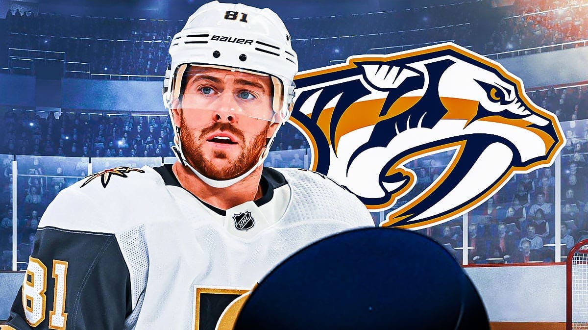 Jonathan Marchessault in image looking hopeful, Nashville Predators logo, hockey rink in background