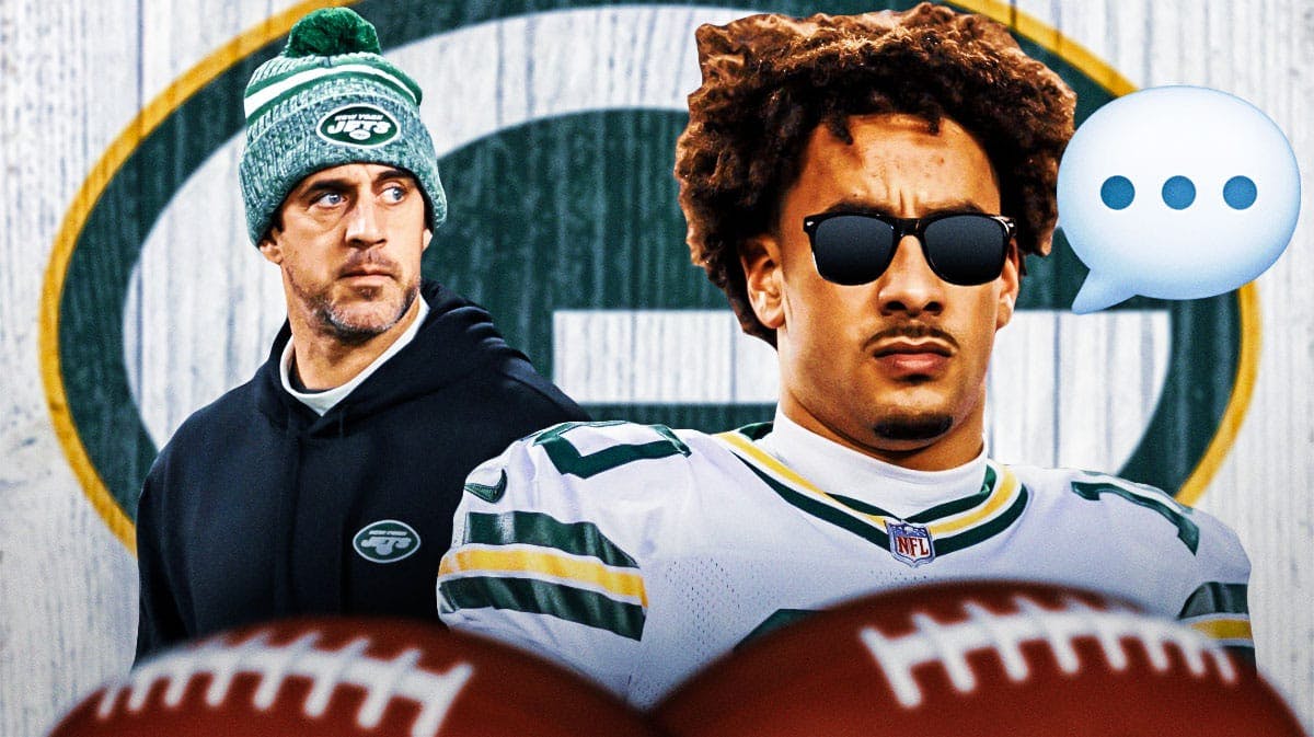Green Bay Packers QB Jordan Love with New York Jets QB Aaron Rodgers. Love has sunglasses on and a speech bubble with the three dots emoji inside. There is also a logo for the Green Bay Packers.