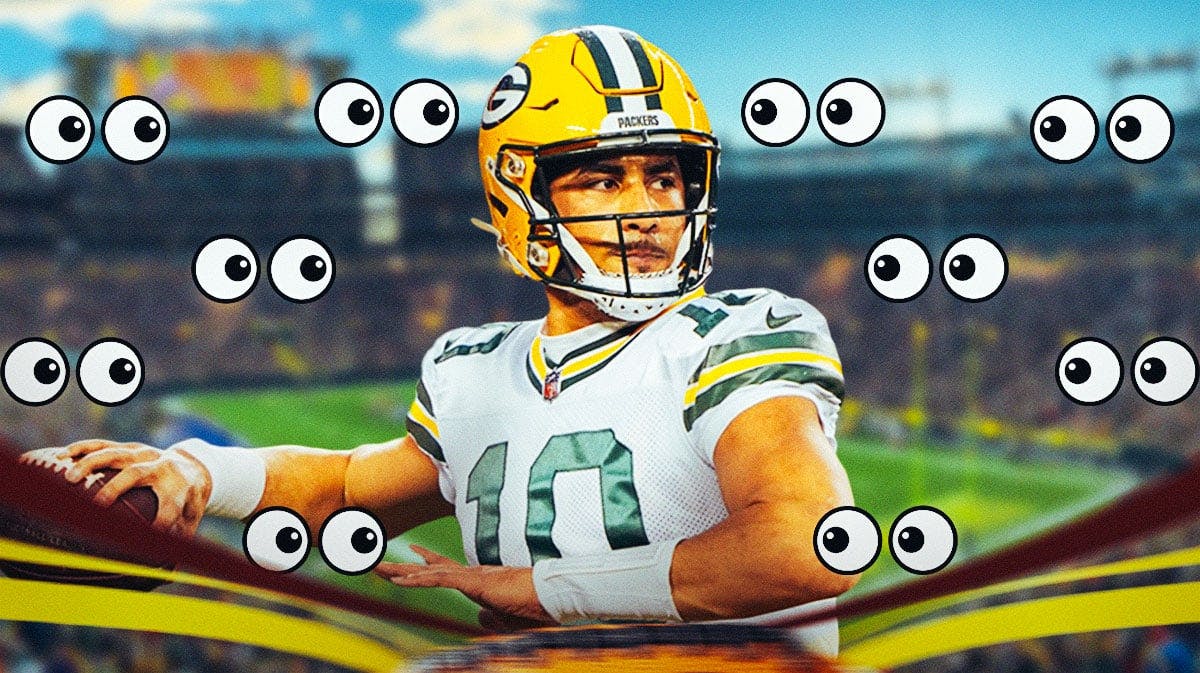 Jordan Love on one side, a bunch of Green Bay Packers fans on the other side with the big eyes emoji around them