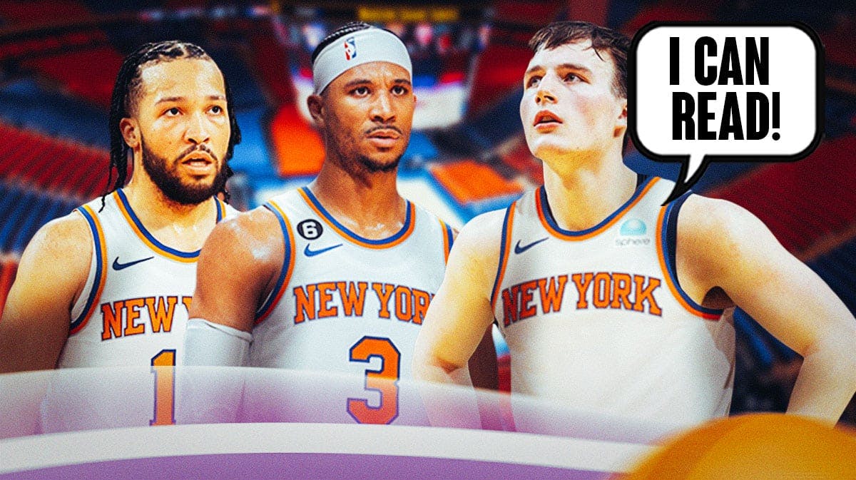 Jalen Brunson and Josh Hart on one side, Tyler Kolek on the other side in a New York Knicks uniform with a speech bubble that says "I can read!"