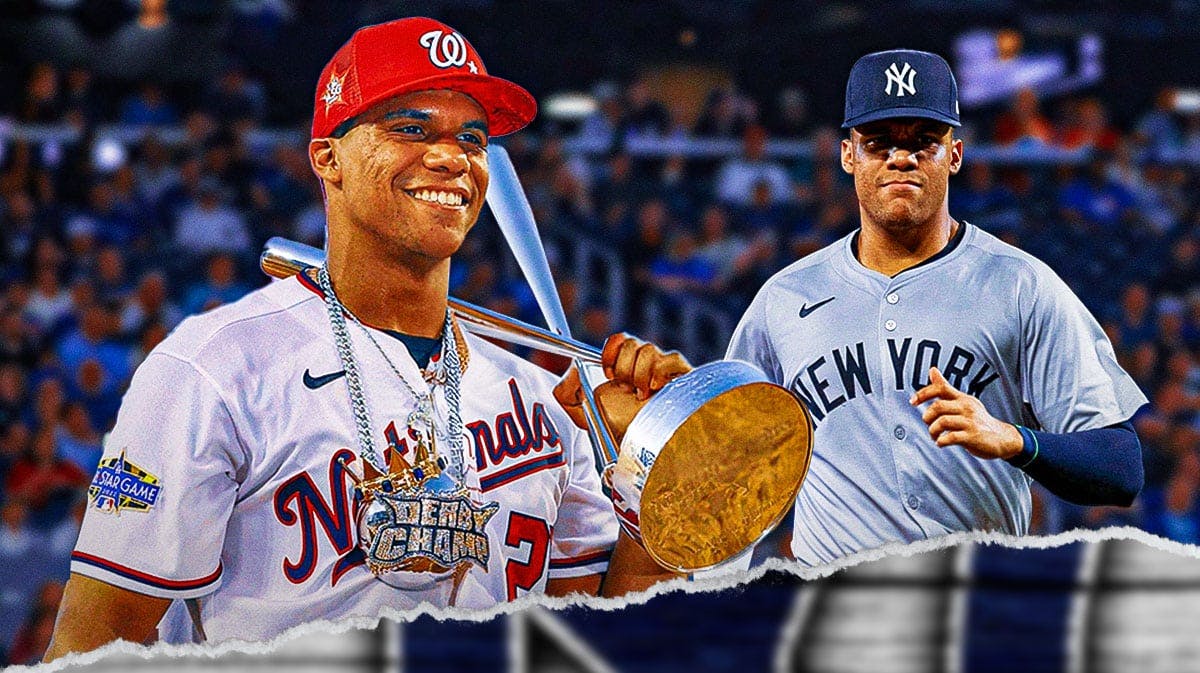 Juan Soto holding up his Home Run Derby trophy from 2022 on one side and Juan Soto swinging a bat, wearing a New York Yankees uniform on the other side - he will not participate in this year's Home Run Derby.