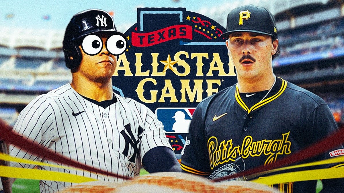Yankees Juan Soto with emoji eyes in his eyes looking at Pirates Paul Skenes with the 2024 MLB All-Star Game logo between them