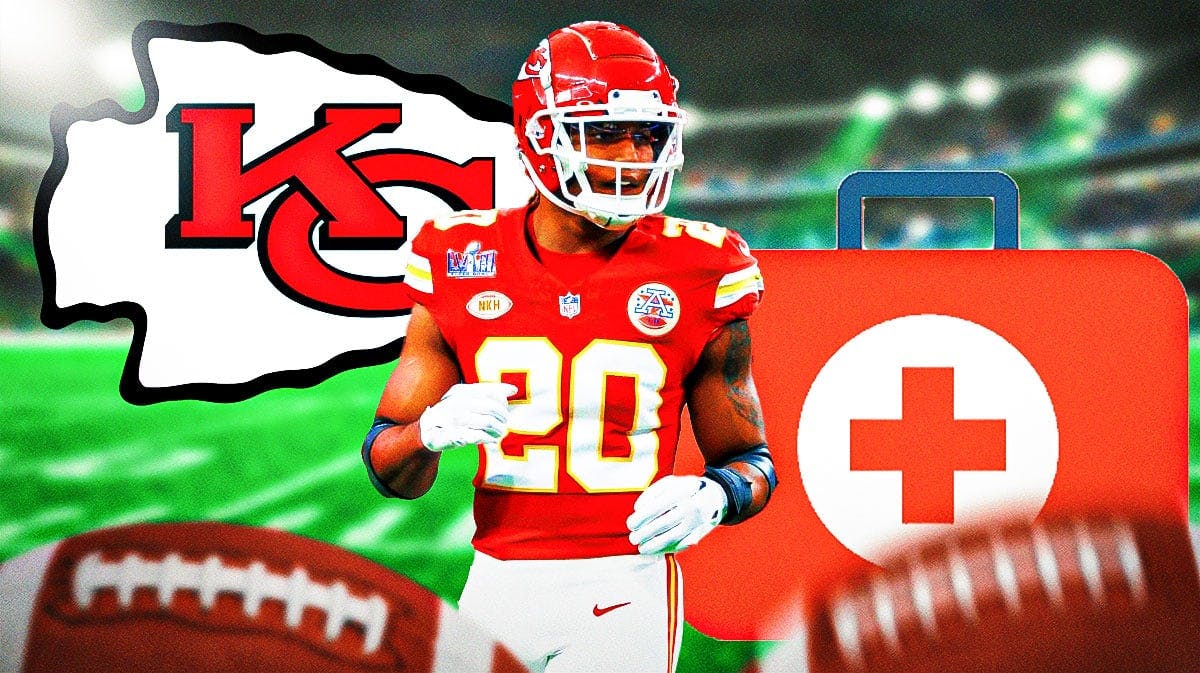 Justin Reid with a first aid kid and a Chiefs logo next to him with a football field background.