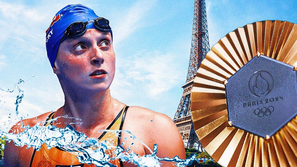 U.S.A. swimmer Katie Ledecky looking at a gold medal, with Paris, France as the background with the Olympic rings