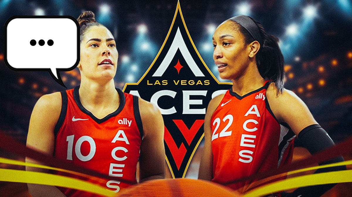 Las Vegas Aces guard Kelsey Plum with Aces center A’ja Wilson. Plum has a speech bubble with the three dots emoji inside. There is also a logo for the Las Vegas Aces.
