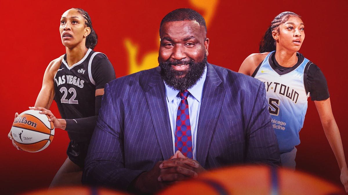 Kendrick Perkins stands next to Angel Reese, A'ja Wilson before WNBA All-Star Game