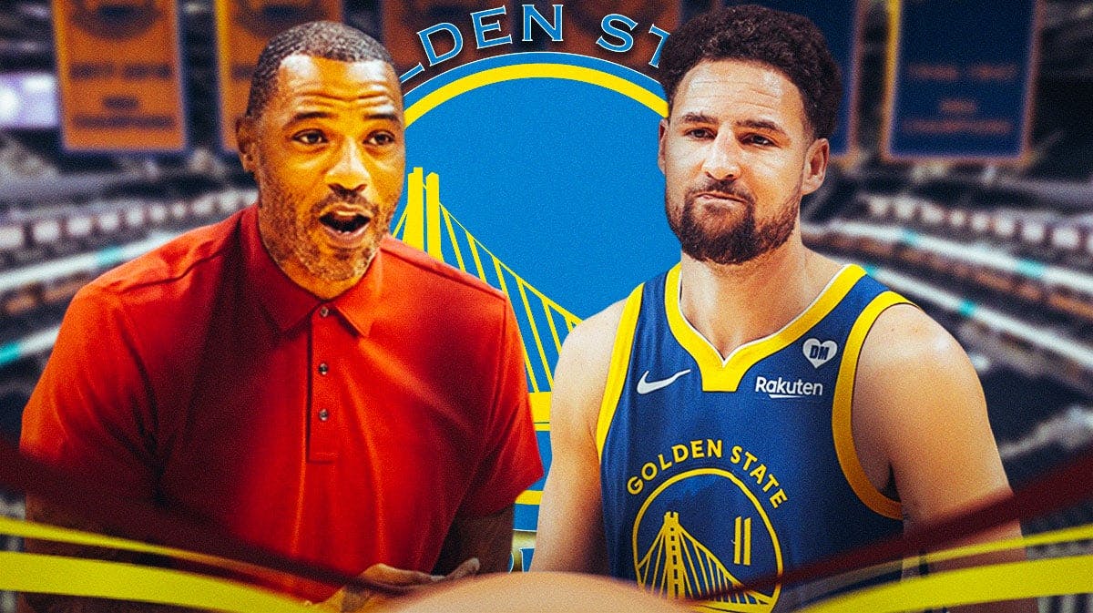 Former NBA player Kenyon Martin and Dallas Mavericks player Klay Thompson in front of Golden State Warriors logo