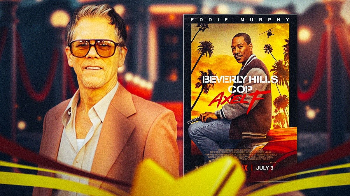 Kevin Bacon with Beverly Hills Cop: Axel F poster.