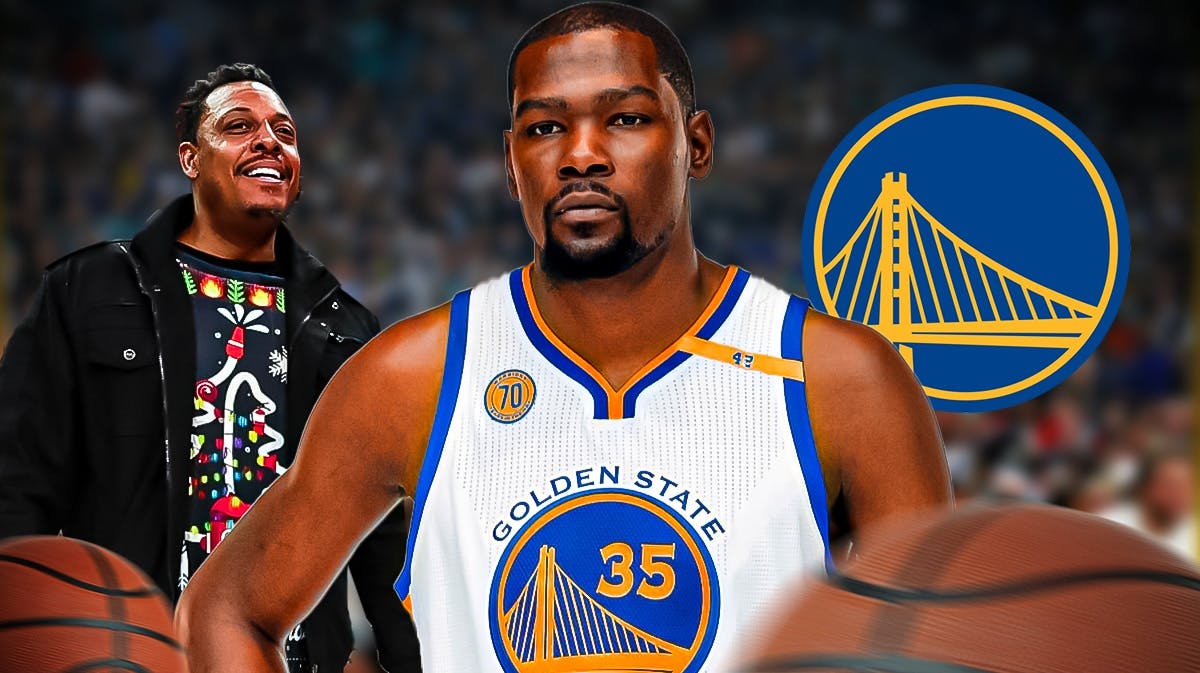 Ex-Warriors' Kevin Durant stands next to Paul Pierce, Keyshawn Johnson, Stephen Curry in background