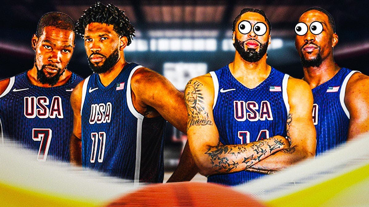 Kevin Durant on one side, Joel Embiid, Bam Adebayo, and Anthony Davis on the other side with the big eyes emoji over their faces (all guys in Team USA jerseys please)