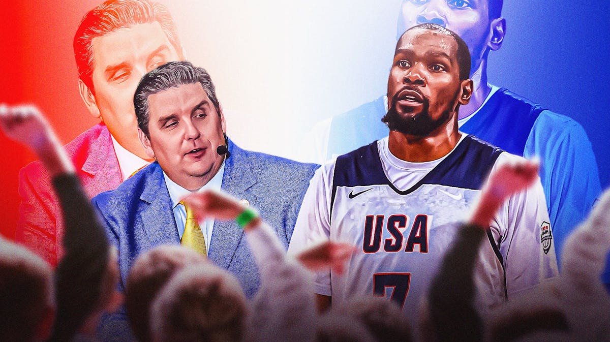 Kevin Durant in USA jersey angrily looks at Brian Windhorst
