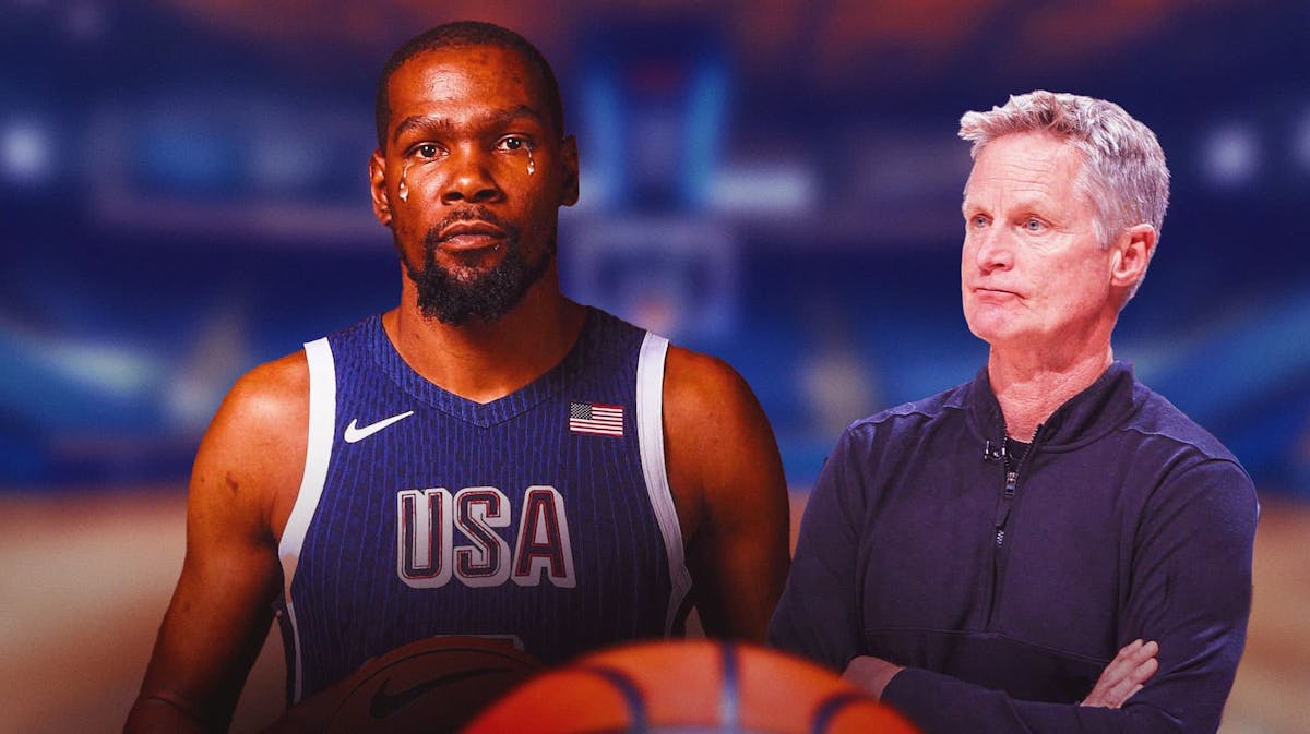 Kevin Durant cries next to a frowning Steve Kerr