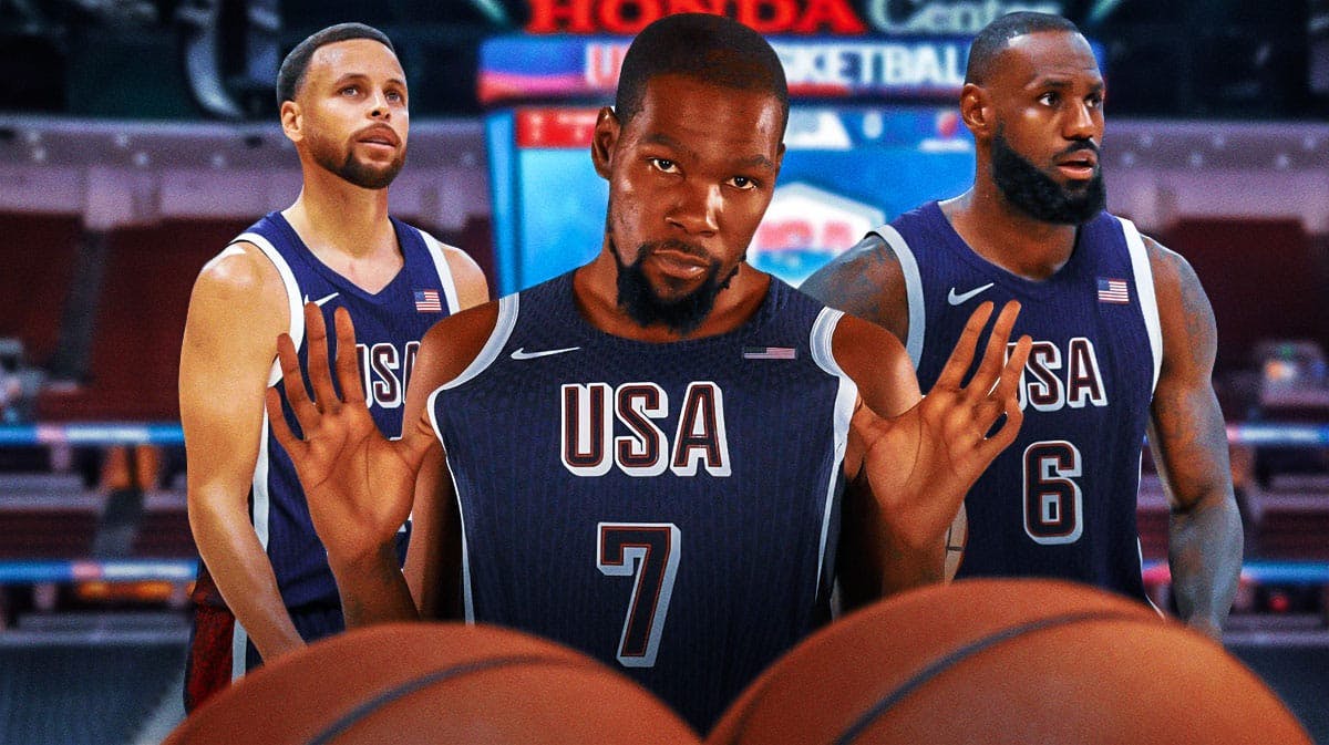 Team USA stars Kevin Durant, LeBron James, and Stephen Curry in front of the Olympics court.