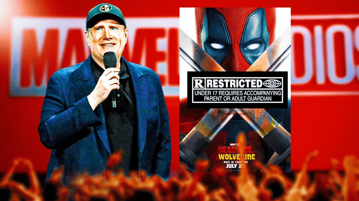 Kevin Feige with Deadpool and Wolverine poster.