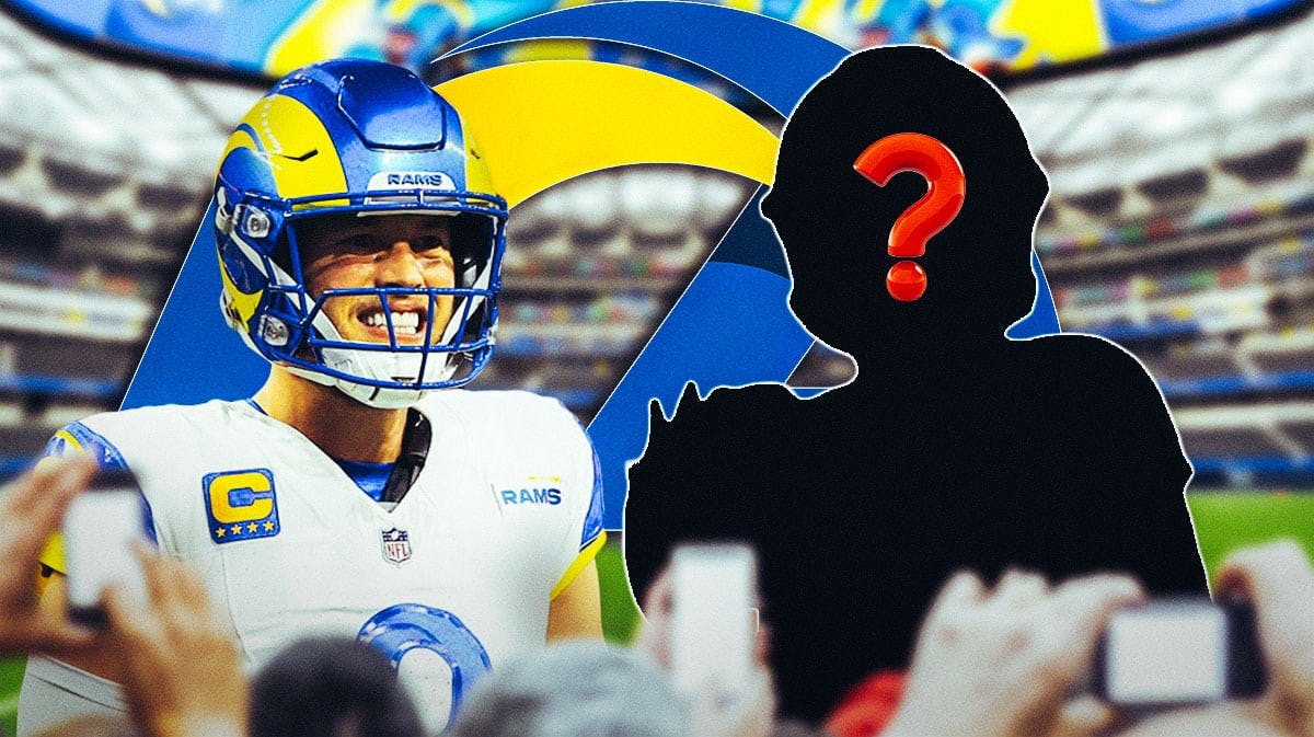 Los Angeles Rams QB Matthew Stafford next to a silhouette of an American football player with a big question mark emoji inside. There is also a logo for the Los Angeles Rams.