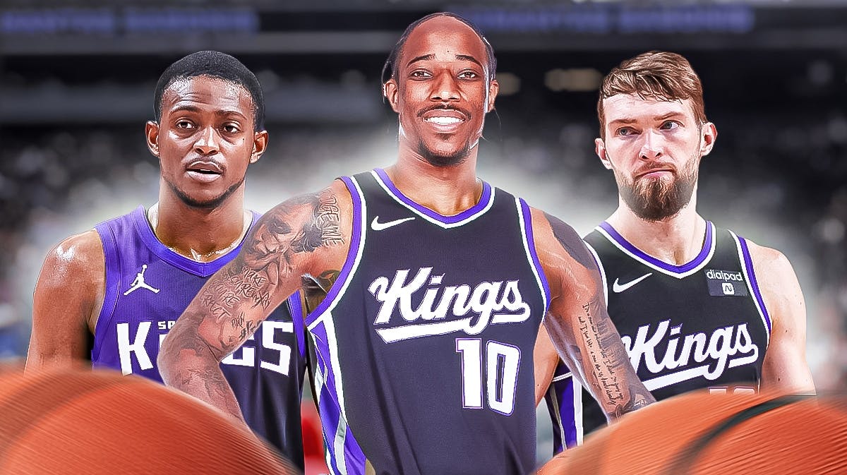 DeMar DeRozan in a Sacramento Kings jersey alongside De'Aaron Fox and Domantas Sabonis with the Kings arena in the background, NBA free agency signings