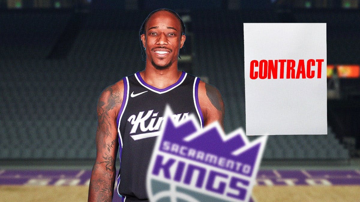 Kings' DeMar DeRozan next to a piece of paper that reads "contract"