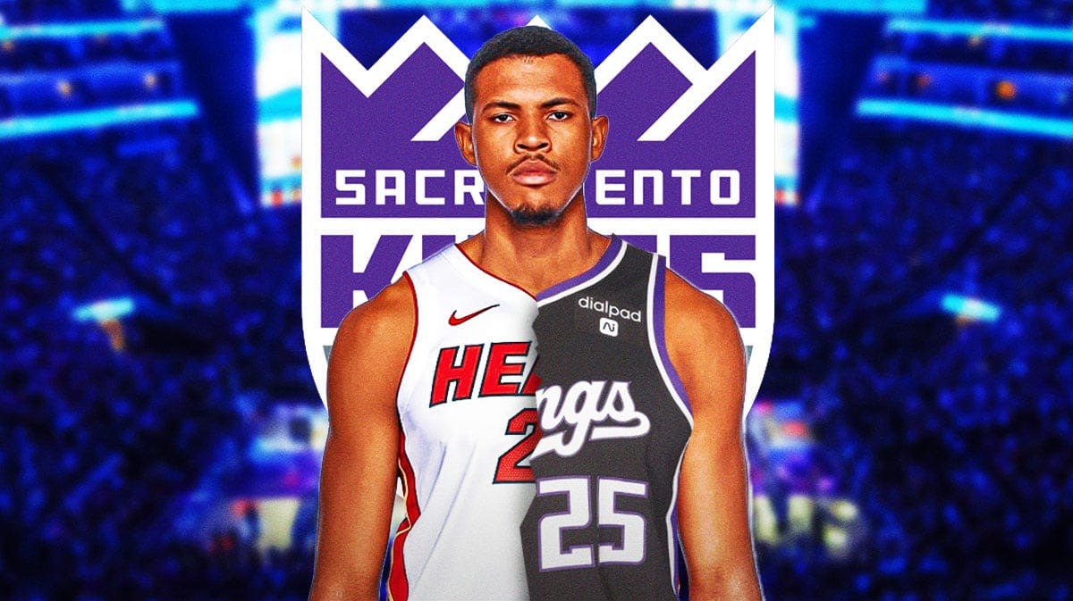 Orlando Robinson in crossover Heat/Kings jersey with a Sacramento Kings colored background.