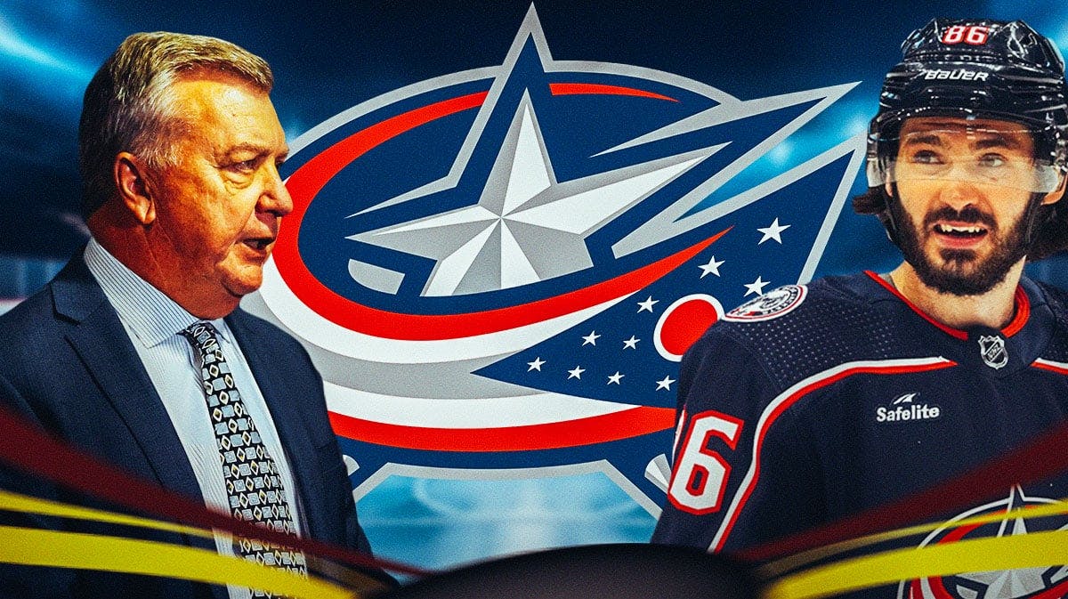 Kirill Marchenko and Don Waddell on either side both looking stern, Columbus Blue Jackets logo in middle, hockey rink in background