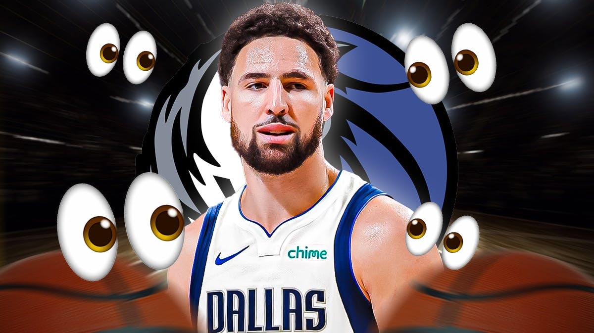 Dallas Mavericks logo in background. Klay Thompson in a Mavericks jersey smiling in front. Place the eyes emoji all over image looking at Thompson.