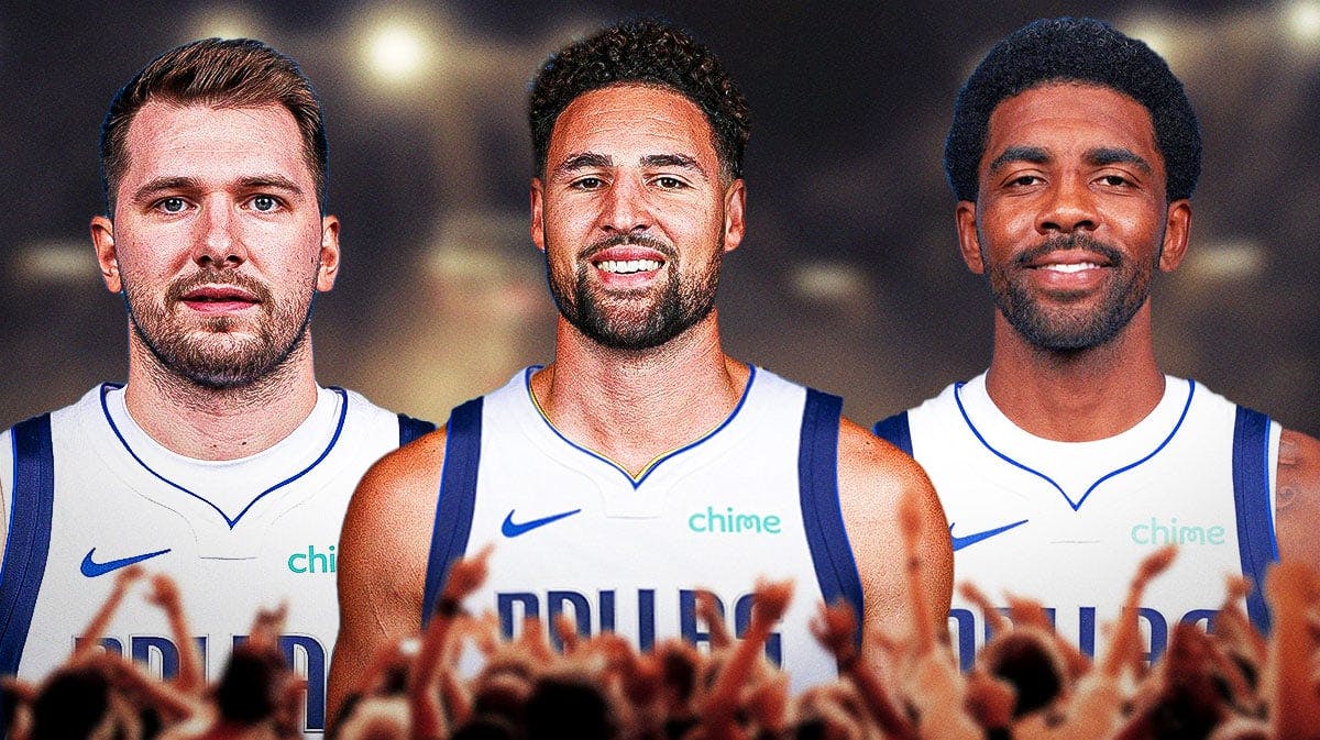 Klay Thompson in Mavs jersey smiles next to Luka Doncic and Kyrie Irving