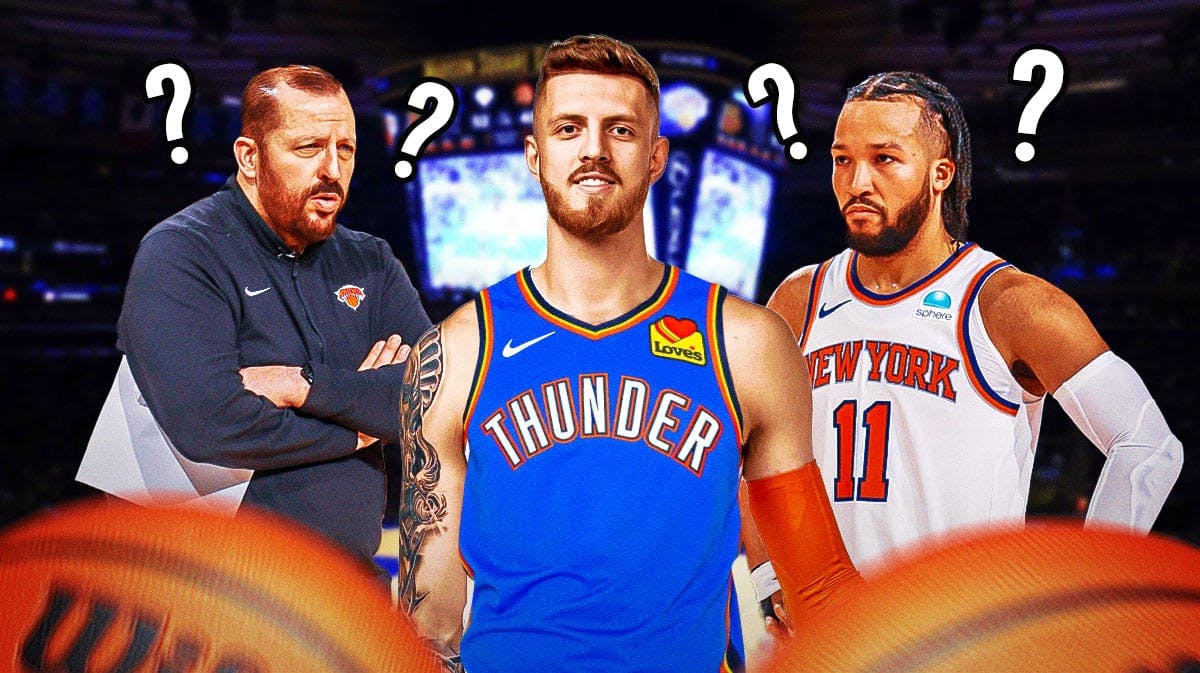 A smiling Isaiah Hartenstein in a Thunder jersey in the middle of the image with an angry Jalen Brunson and Tom Thibodeau on both sides of him and a question marks.