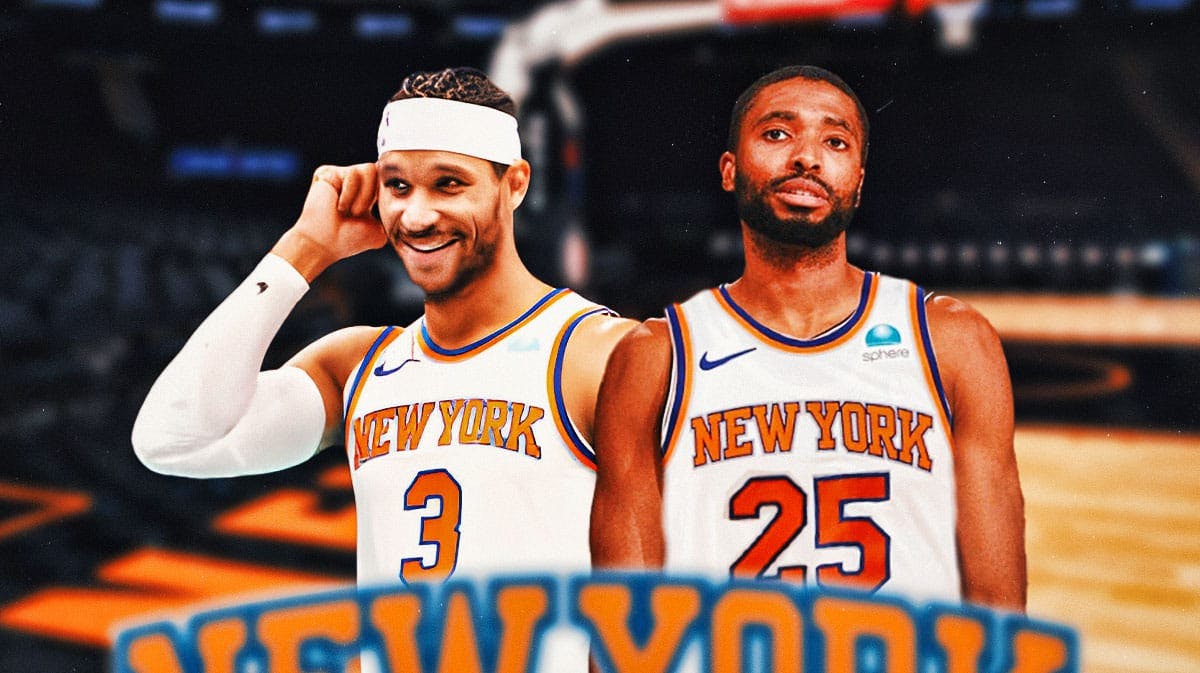Mikal Bridges in a Knicks uniform with number 25. Josh Hart laughing