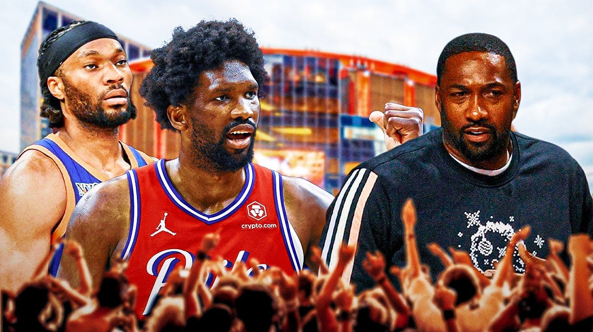 An angry Precious Achiuwa and an angry Joel Embiid mad at a cowering Gilbert Arenas with a Knicks-colored background.