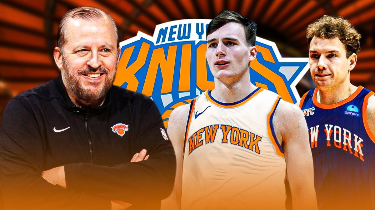 Knicks Tom Thibodeau smiling next to Tyler Kolek and Rokas Jokubaitis