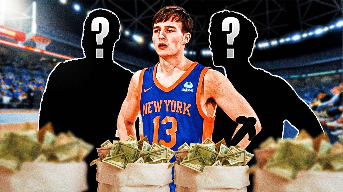 Tyler Kolek in Knicks Summer League jersey smiling with bags of money around him and two blank empty/shaded out players with question marks on their head on either side of him