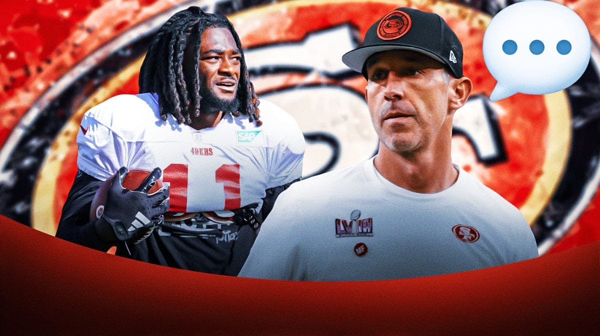 San Francisco 49ers head coach Kyle Shanahan with wide receiver Brandon Aiyuk. Shanahan has a speech bubble with the three dots emoji inside. There is also a logo for the San Francisco 49ers.