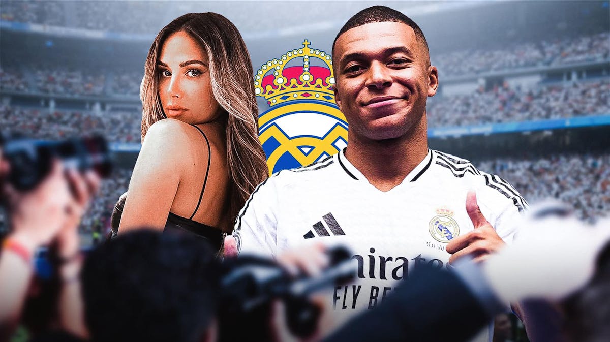 Kylian Mbappe and Dani Grace Almeida in front of the Real Madrid logo