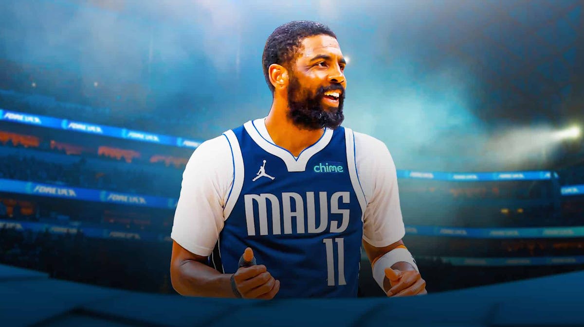 Happy Kyrie Irving with a Mavsericks-colored background.