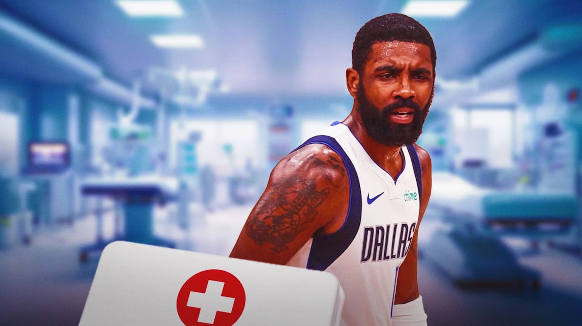 Mavericks' Kyrie Irving with medical kit in front of him