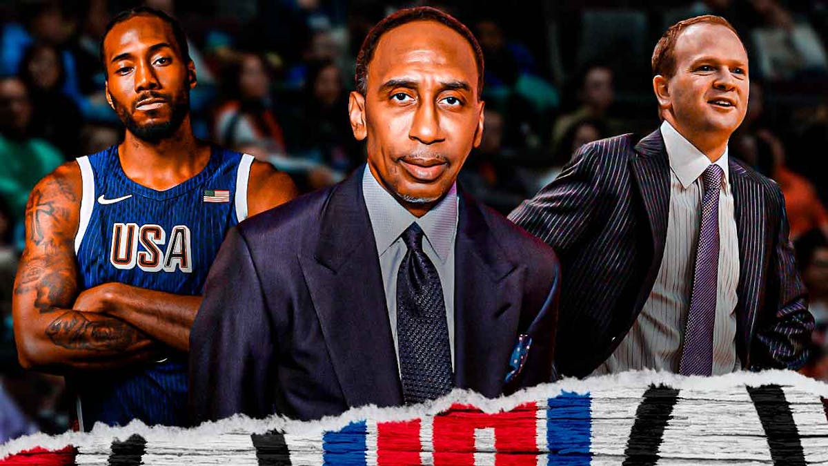 Stephen A. Smith with question marks all over him while looking frustrated at Clippers' Kawhi Leonard (in Team USA uniform) and Lawrence Frank
