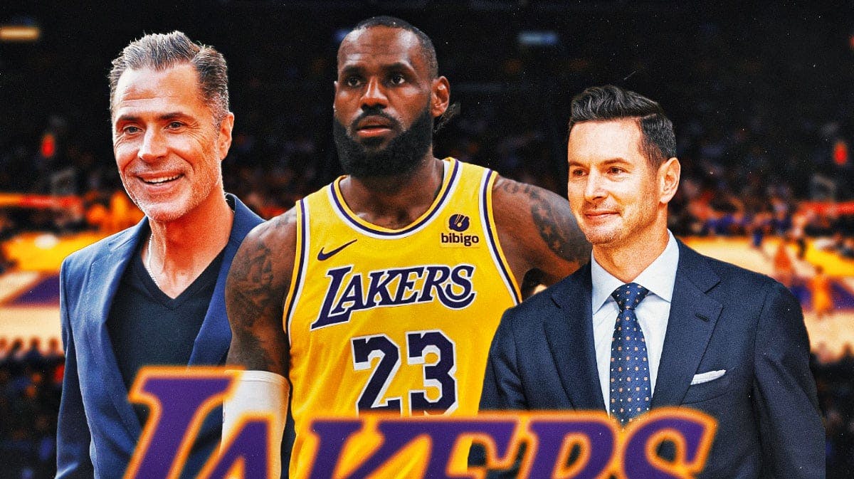 Lakers' LeBron James with JJ Redick and Rob Pelinka