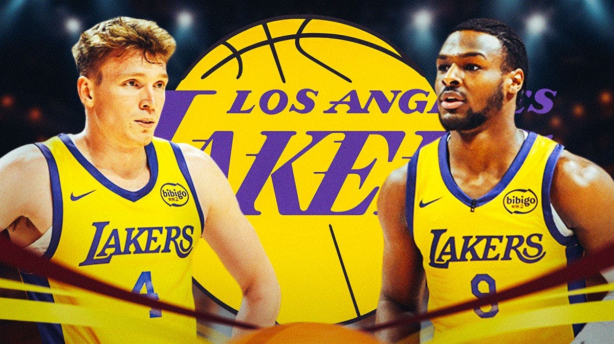 Dalton Knecht and Bronny James on either side, Los Angeles Lakers logo in middle, basketball court in background