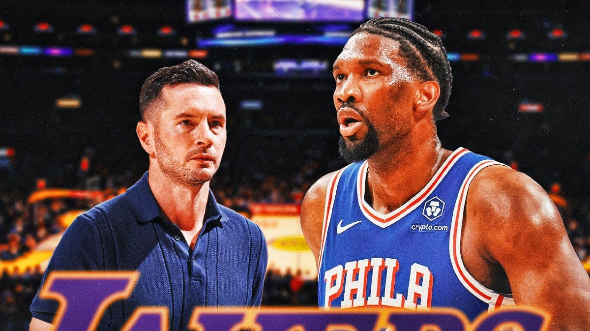 Los Angeles Lakers head coach JJ Redick next to Philadelphia 76ers star Joel Embiid in front of Crypto.com Arena.