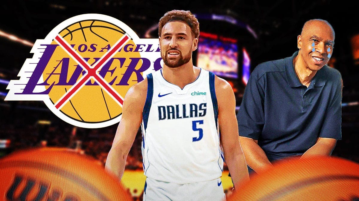 Klay Thompson in a Mavericks uniform, Lakers logo with red x on it. Mychal Thompson in street clothes with tears