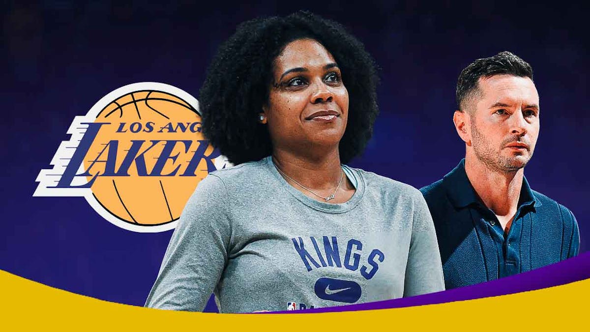 Lakers coach JJ Redick stands next to Kings' Lindsey Harding