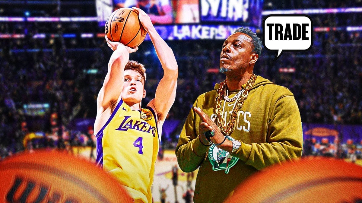 Lakers Dalton Knecht shooting a basketball on left. Paul Pierce (wearing normal clothes) on right saying the following: TRADE