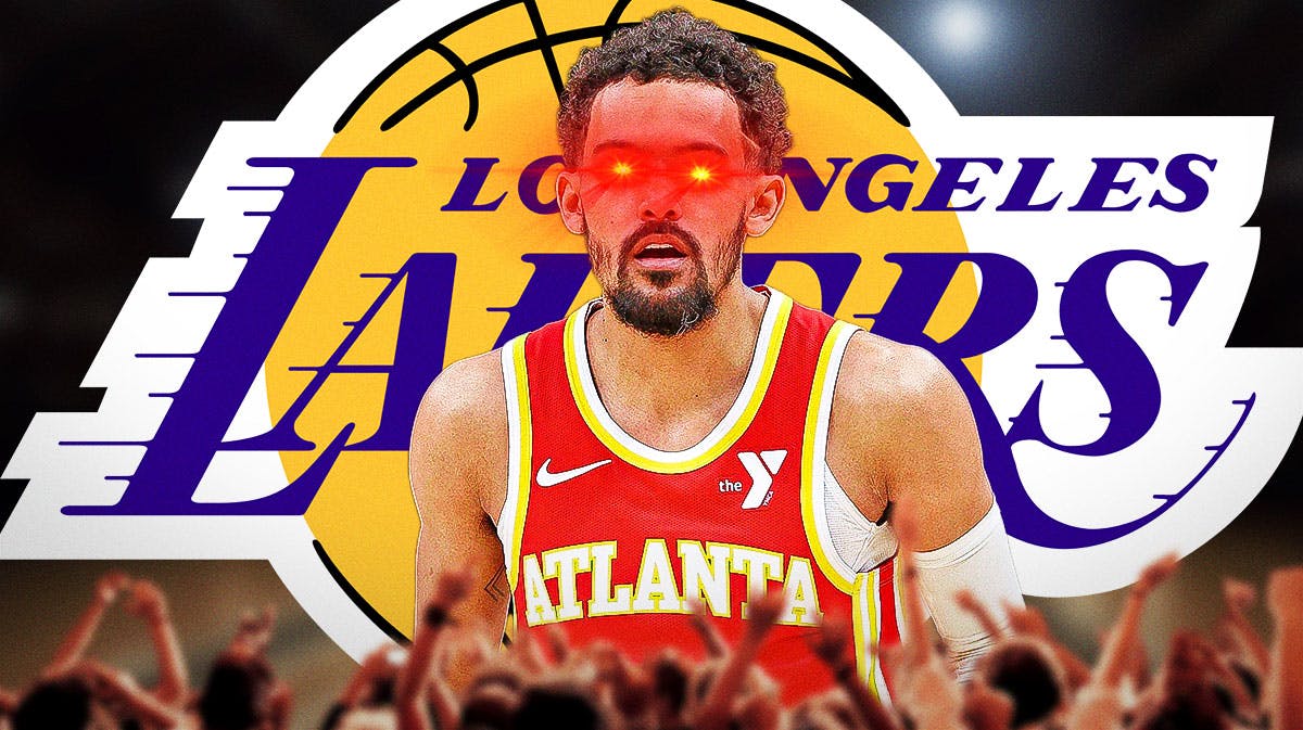 Trae Young with laser eyes next to Lakers logo