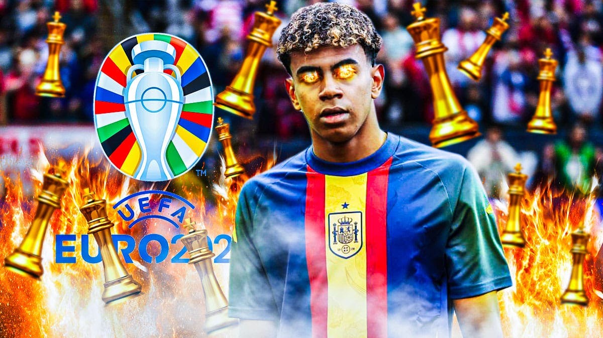 Lamine Yamal with blue fire around him and coming from his eyes, huge chess pieces around him and th Euro 2024 logo at the back