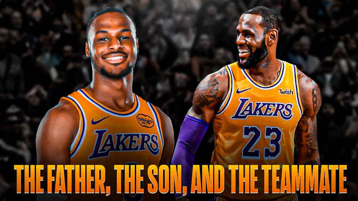 LeBron James and Bronny James smiling together in Lakers uniforms, with caption below: THE FATHER, THE SON, AND THE TEAMMATE