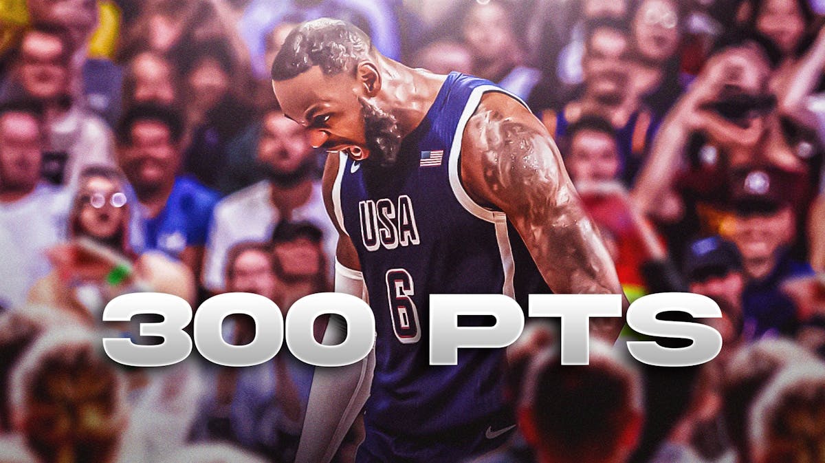 LeBron James looking intense wearing team USA jersey, big text of 300PTS