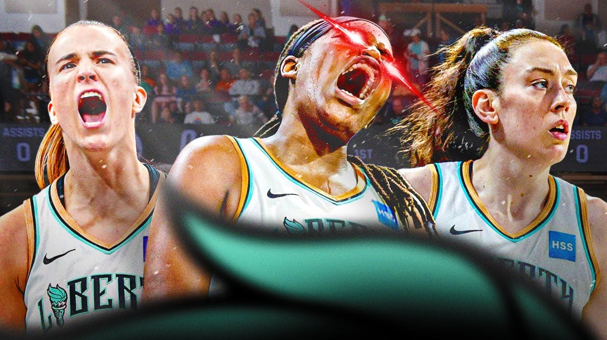 Jonquel Jones (Liberty) serious expression, with the laser-eye effect showing she's locked in. Sabrina Ionescu and Breanna Stewart (Liberty) secondary focus