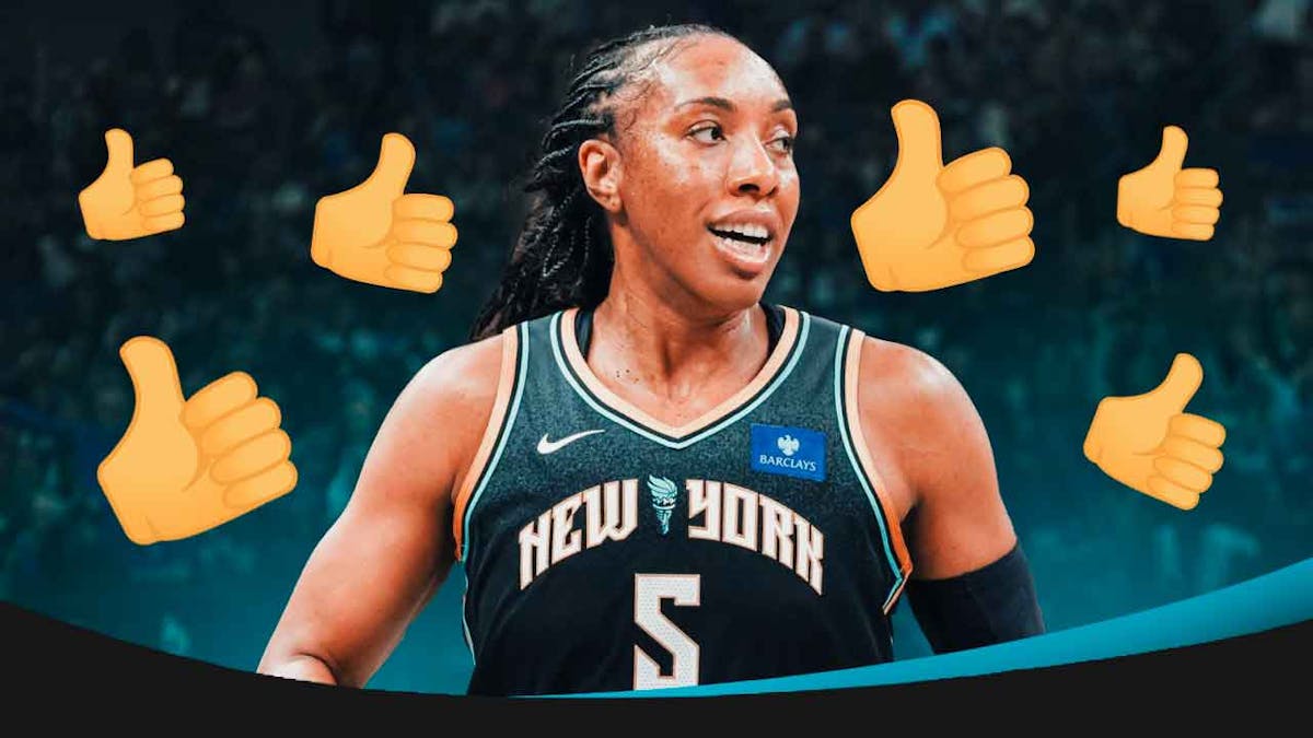 WNBA New York Liberty player Betnijah Laney-Hamilton in her Libert uniform, with thumbs up emojis around her.