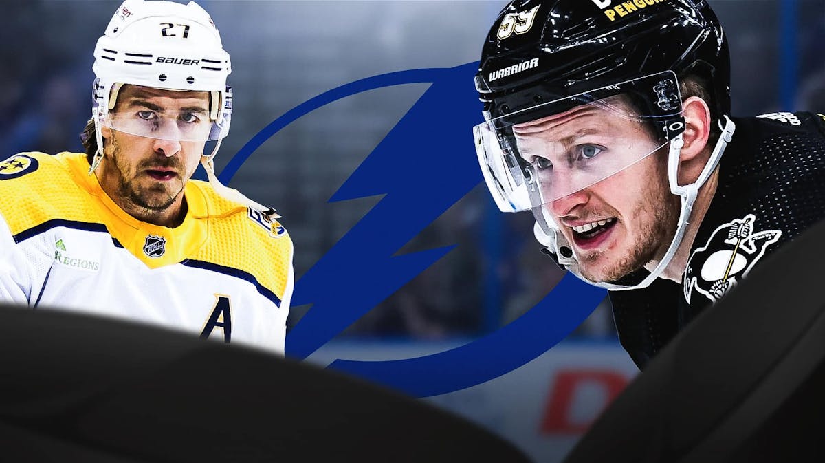 Jake Guentzel and Ryan McDonagh in image looking happy, Tampa Bay Lightning logo in middle, hockey rink in background