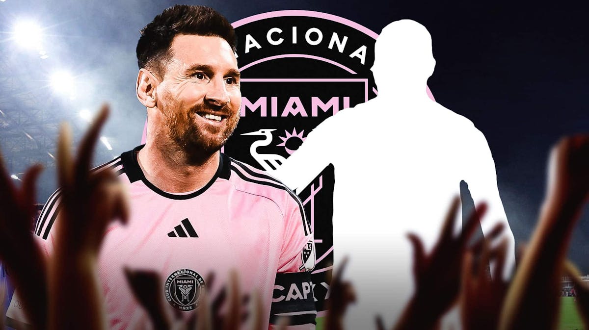 Lionel Messi smilign in front of the Inter Miami logo, the silhouette of Hector David Martinez next to him
